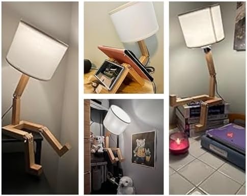 Robot Bedside Lamp, Fabric Lampshade Match Foldable Solid Wood Body, Creative E27 Screw Table Lamp for Bedroom Living Room
