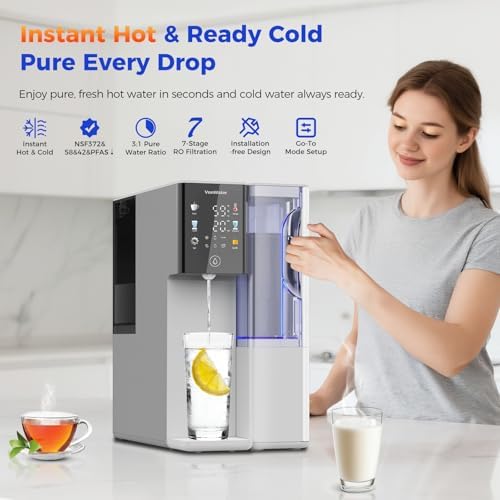 C5 Countertop Reverse Osmosis Water Filter, Hot and Cold RO System-3s Instant Hot, 6 Temp Settings 7-Stage RO Filtration Dispenser, NSF/ANSI372/42/58, Portable Pitcher, 3:1 Pure to Drain