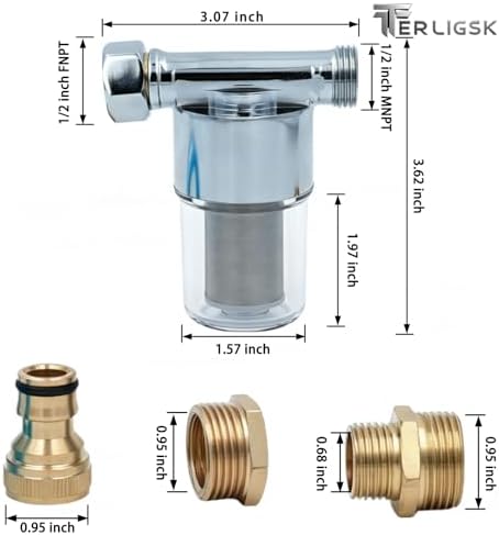 40 Micron Reusable Sediment Water Filter, Brass Inline Filter with 1/2" NPT & 3/4" GHT Fittings, for Garden Hose, Washer, Washing Machine, RV, Well Water & High Pressure Washer