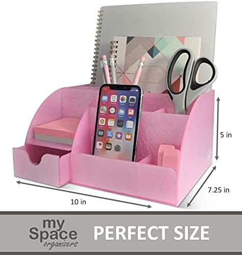 My Space Organizers Pink Desk Organizer Office, Acrylic, with Drawer, 9 Compartments, Supplies and Cool Desk Accessories Organizer, Desktop Pen Holder (Pink)
