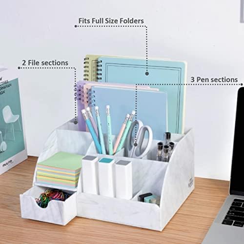 My Space Organizers Marble Desk Organizer For Office Supplies And Accessories - 9 Sections - Pencil Pen Holder Storage - Desktop Organization Decor Essentials (White Grey Marble)