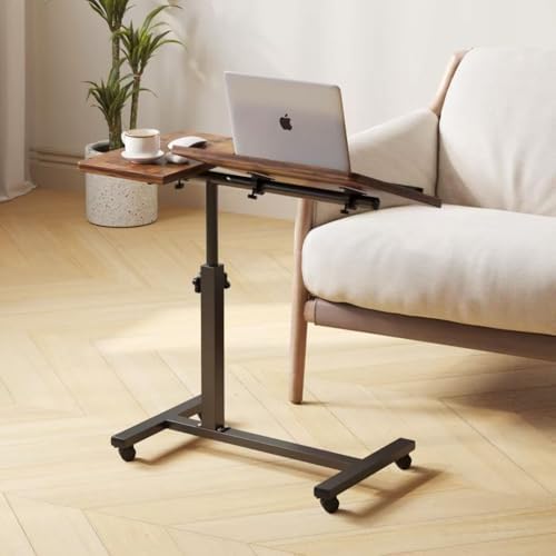Adjustable Overbed Table with Wheels, Bedside Laptop Desk, Brown