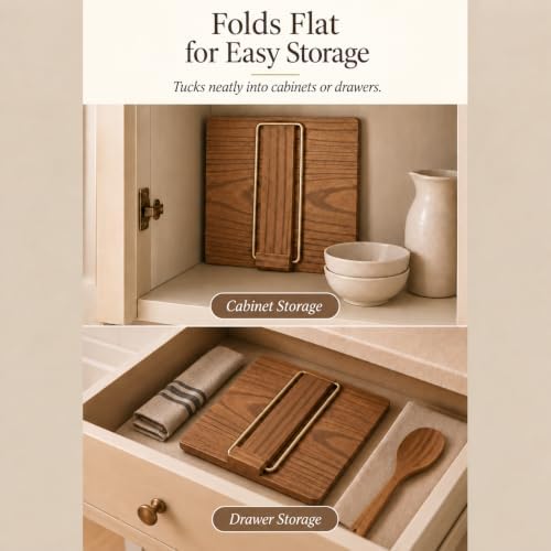 Cookbook Stand for Kitchen Counter, Adjustable Solid Wood Recipe Holder