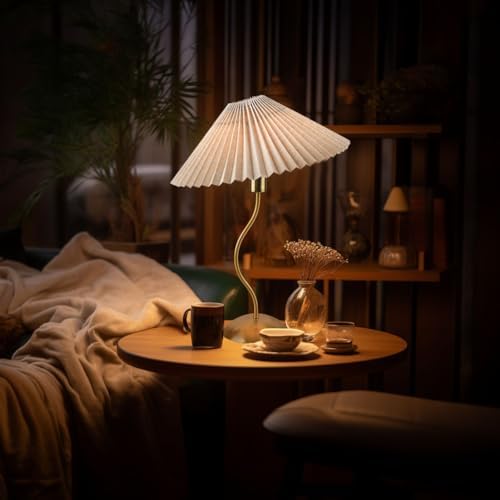 KUNJOULAM Small Pleated Table Lamp, Bedside Nightstand Lamp with Beige Lampshade, Morden Mini Lamp for Bedroom Home Office Decor, Bulb not Included