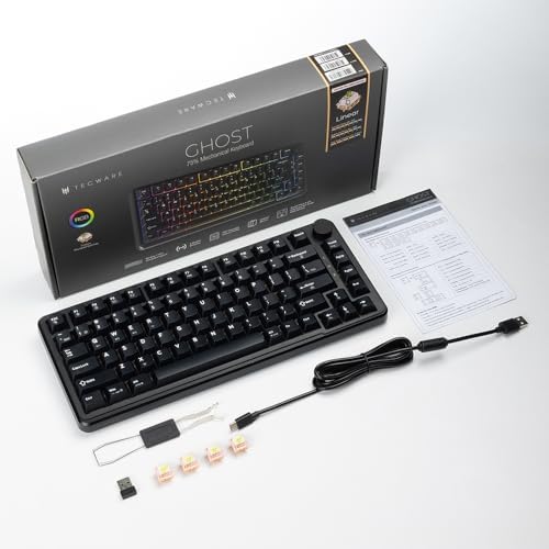 TECWARE Ghost 75% Wireless Mechanical Keyboard | RGB Gaming Keyboard with Volume Knob | Tri-Mode 2.4GHz/Bluetooth/USB-C | Gasket Mounted | Hot Swappable Pre-Lubed Linear Switches | 4000mAh | Black