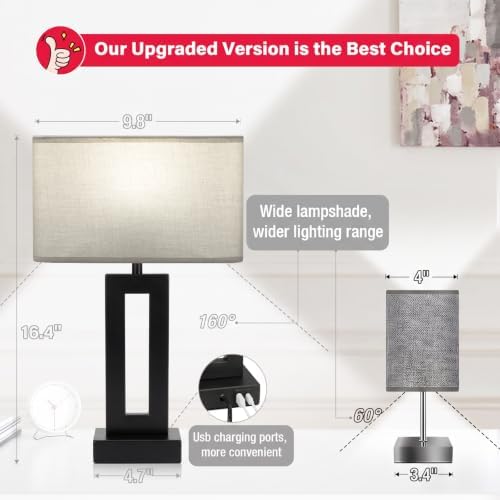 Table Lamps Set of 2, 16.4" Bedside Lamps for Nightstand with USB C+A