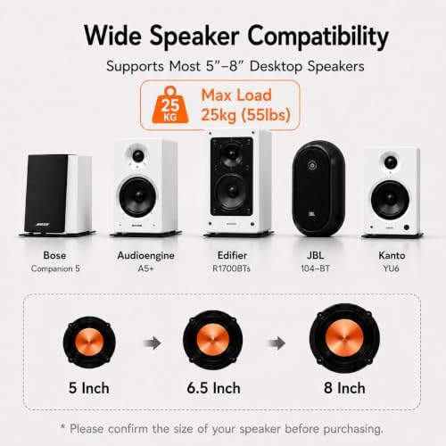 Desktop Speaker Stands Pair for 5-8 Inch Studio Monitors & Bookshelf Speakers, Heavy-Duty Steel desk Speaker Stands with Built-In Cable Management for Home Studio & Creator Setups, Support up to 55lbs