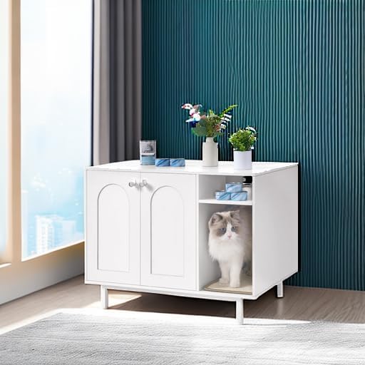 Cat Litter Box Enclosure Enclosed, Hidden Litter Box Cabinet Furniture with Storage, Wooden Indoor Cat House Large, Modern End Table for Living Room Entryway, White CB01513W