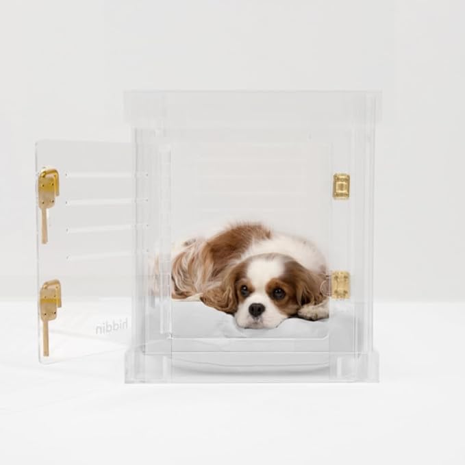 Clear Acrylic Small Dog Crate Furniture with Linen Cushion for Small Dogs up to 22 lbs, 3 in 1 Pet Crate and Gate, Modern Furniture Style Indoor Kennel, Dual Gold Latch, 16 x 24 x 18 in