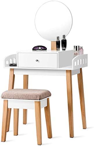 GIANTEX Vanity Table Set with Height Adjustable Round Mirror, Makeup Mirrored Dressing Table with Cushioned Stool, Side Storage and Large Drawer, Gift Vanities for Women Girls Bedroom (White)