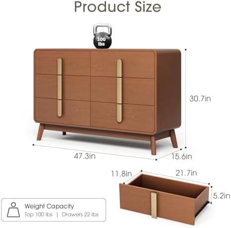 JOINICE Dresser for Bedroom with 6 Drawers,Mid Century Modern Dresser with Storage,47" Wide Chest of Drawers with Metal Handles,Large Wood Drawer Organizer for Bedroom,Living Room,Hallway,Cherry
