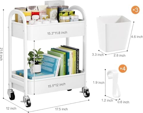 2 Tier Rolling Cart Metal with Wheels,White Under Desk Storage Roller Carts