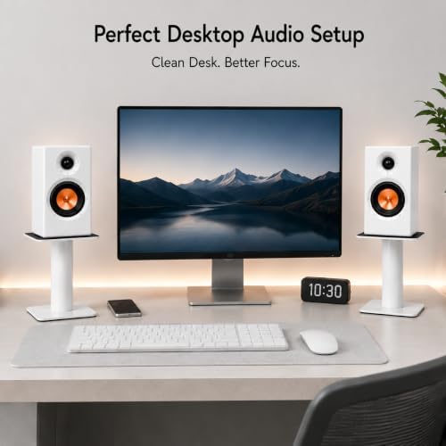 Desktop Speaker Stands Pair for 5-8 Inch Studio Monitors & Bookshelf Speakers, Heavy-Duty Steel desk Speaker Stands with Built-In Cable Management for Home Studio & Creator Setups, Support up to 55lbs