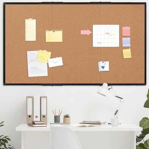 Extra Large Cork Bulletin Board 96" X 48", Foldable Notice Pin Board for Wall, Black Aluminum Framed 8'x4' Corkboard, Wall Mounted Noticeboard with 36 Push Pins for School, Home & Office