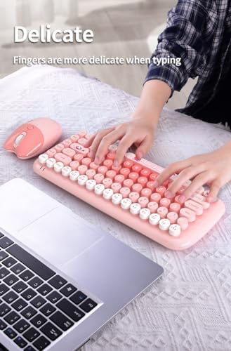 Candy Mini Wireless 2.4G USB Keyboard Mouse Set Round Keycap Multi-Colour Cute Lovely for Girls 84 Key (Multicolor Pink)…