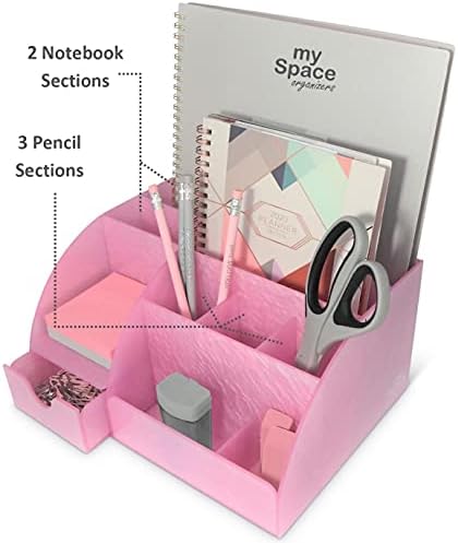 My Space Organizers Pink Desk Organizer Office, Acrylic, with Drawer, 9 Compartments, Supplies and Cool Desk Accessories Organizer, Desktop Pen Holder (Pink)