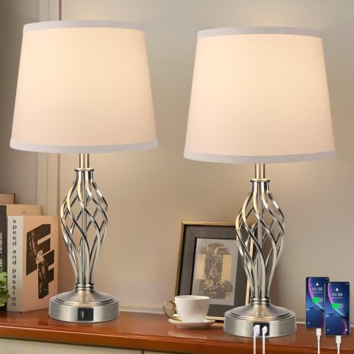 Ruiever Touch Table Lamps Set of 2, nightstand lamp with USB Ports Bedside 3 Way Touch dimmer Desk lamp for Living Room Bedroom,Nickel Plated Spiral cage Base Design Warm White dimmer Bulbs Included.