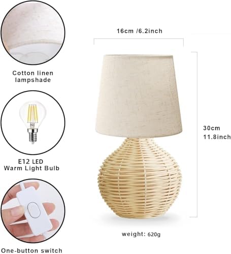 Rattan Small Table Lamp, Boho Farmhouse Style, Cotton Linen Lamp Shade, 6.2×6.2×11.8 Inch, with E12 LED Warm Light Bulb