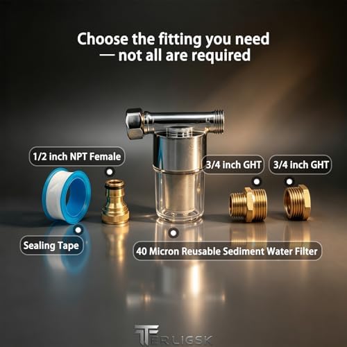 40 Micron Reusable Sediment Water Filter, Brass Inline Filter with 1/2" NPT & 3/4" GHT Fittings, for Garden Hose, Washer, Washing Machine, RV, Well Water & High Pressure Washer