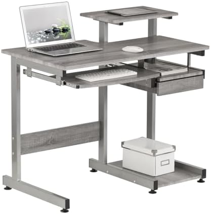 Techni Mobili 38"W Desk with Printer/Keyboard Tray & CPU Platform, Grey