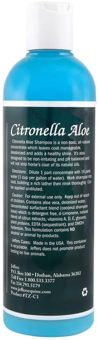Jeffers Equine Citronella Aloe Horse Shampoo – pH Balanced, All Natural, Deodorizing Wash for Horses, Pony, Foals – Natural Citrus Scent – Gentle Grooming for Soft Coat, Tail & Mane – 16 oz