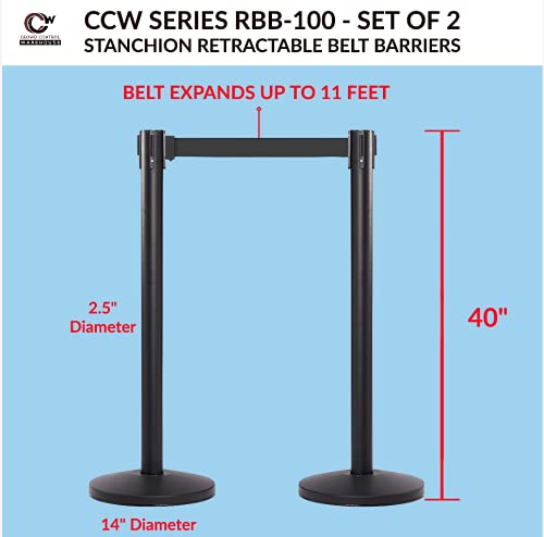 CCW Series RBB-100 - Set of 2 Stanchion Retractable Belt Barriers (11 Foot Belt, Yellow with"Cleaning in Progress" Black Letters Belt with Polished Brass Post)