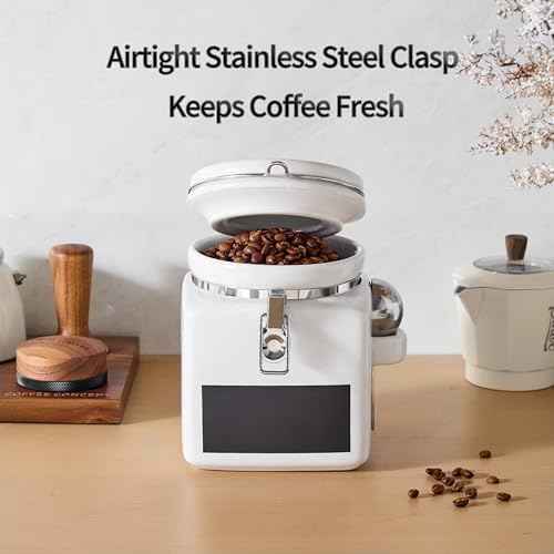 Ceramic Coffee Canister with Airtight Lid and Scoop, Large 74 Fl Oz / 2.2 L Kitchen Food Storage Container Jar for Grounds Coffee, Beans, Tea, Sugar, Flour, Cereal, Nuts, Cookie, White