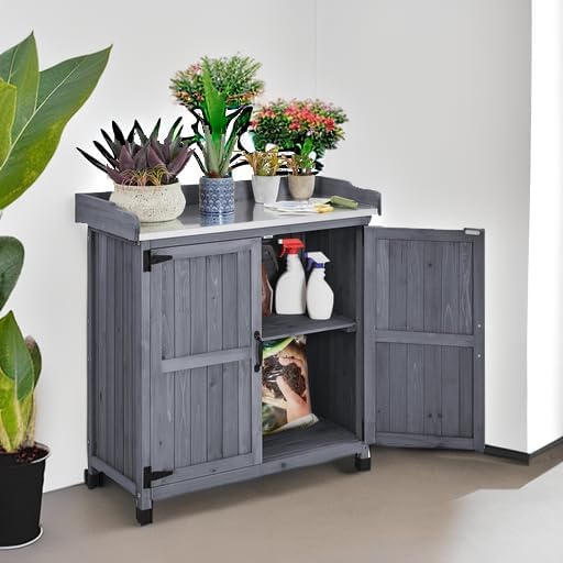Yaheetech Rolling Potting Bench Outdoor Storage Cabinet, Metal Top, Gray