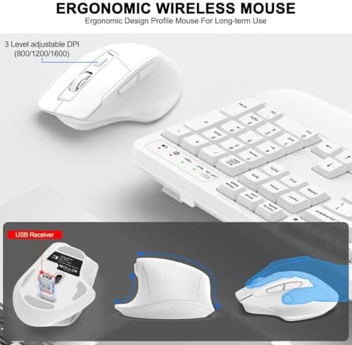 Wireless Keyboard and Mouse Combo, 2.4G Ergonomic Wave Keys(White)