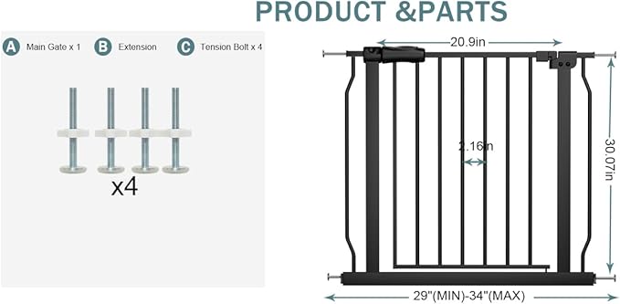 Baby Gate for Stairs 29.13"-33.86" Wide Dog Gates for Doorways Pressure Mounted Pet Gate Walk Through Metal Child Indoor Safety Gates No Drilling (Black, 29.13"-33.86"/74-86CM)