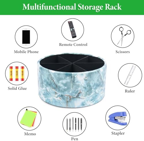 Remote Control Holder, 360°Spinning PU Leather Desk TV Remote Caddy,Desk Storage Box Room Accessories for Controller, Media,Mail,Calculator, Mobile Phone,Pencil(1-Big Marble Green)