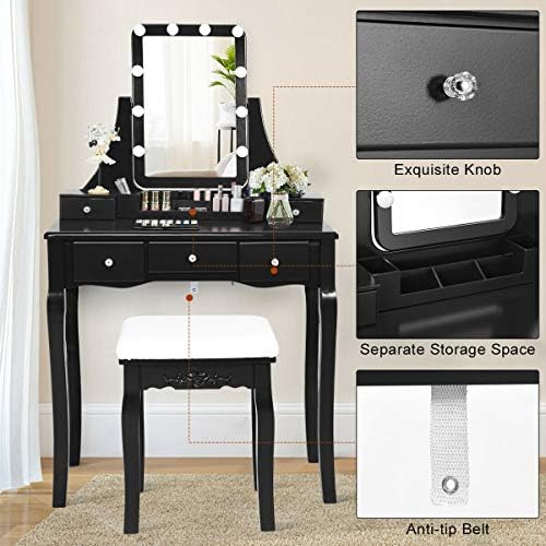 DORTALA Vanity Table Set w/Lighted Mirror, Morden Vanity Dressing Table w/ 10 Dimmable Light Bulbs & 5 Drawer, 2 Dividers Removable Organizer, Bedroom Makeup Table Set w/Cushioned Stool, Black