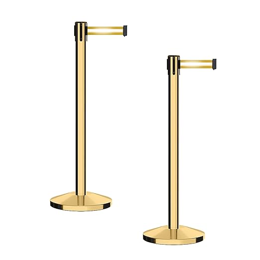 CCW Series RBB-100 - Set of 2 Stanchion Retractable Belt Barriers (7.5 Foot Belt, Yellow with Horizontal Reflective Stripe Belt with Polished Brass Post)