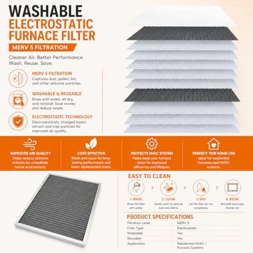 20x25x2 MERV 5 Washable Electrostatic HVAC Furnace Air Filter