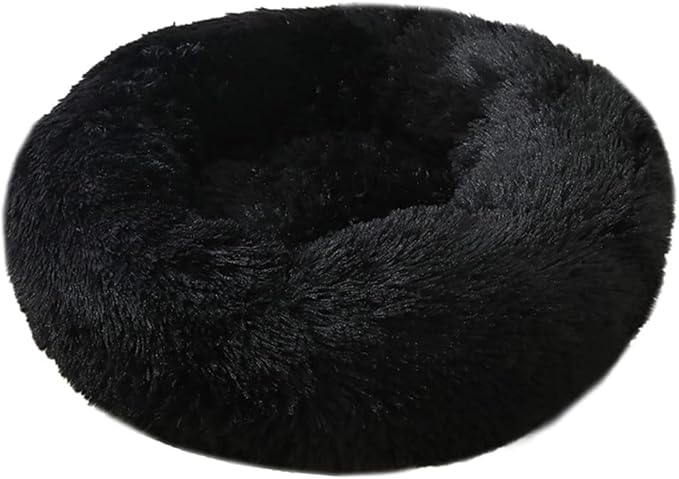 Calming Faux Fur Dog Beds Calming Donut Cuddler Dog Bed Washable Round Cat Bed Pillow Cuddler Fluffy Indoor Dog Calming Beds with Anti Slip Bottom Solid Color Black 27 Inch