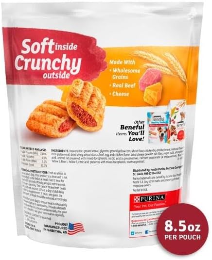 Beneful Purina Made in USA Facilities Dog Treats, Baked Delights Hugs with Real Beef & Cheese 8.5 Ounce Pouch (Pack of 3)