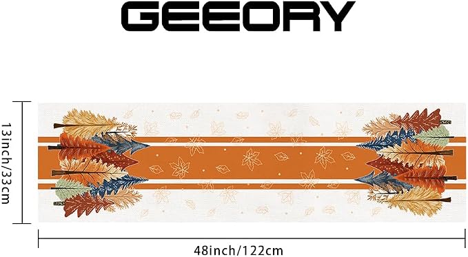 Fall Watercolor Trees & Maple Leaves Striped Table Runner 13x48 Inch, Rustic