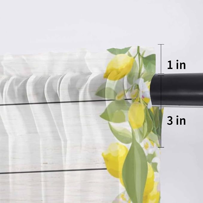 Lemon Dwarfs Sheer Valance Curtains, Gnome Green Leaf Wood Striped Yellow Plaid