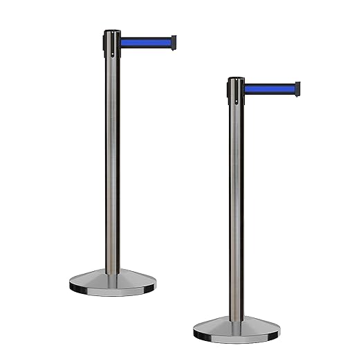 CCW Series RBB-100 - Set of 2 Stanchion Retractable Belt Barriers (9 Foot Belt, Black with Horizontal Blue Stripe Belt with Satin Stainless Steel Post)