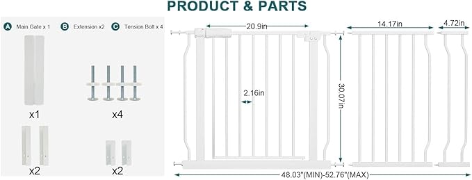 Extra Wide Baby Gate Tension Indoor Safety Gates White Metal Large Pressure Mounted Pet Gate Walk Through Long Safety Dog Gate for The House Doorways Stairs (48.03"-52.76"/122-134CM, White)