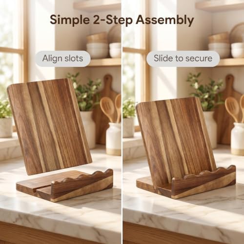 Scalloped Acacia Wood Cookbook Stand, Recipe Book Holder Keeps Pages Open
