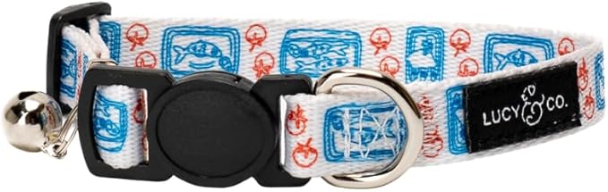 Lucy & Co. Tinned Fish Breakaway Cat Collar with Bell – Designer Print Adjustable Safety Collar for Cats, Kittens & Small Dogs, Lightweight Pet Collar for Boy & Girl Cats – Small