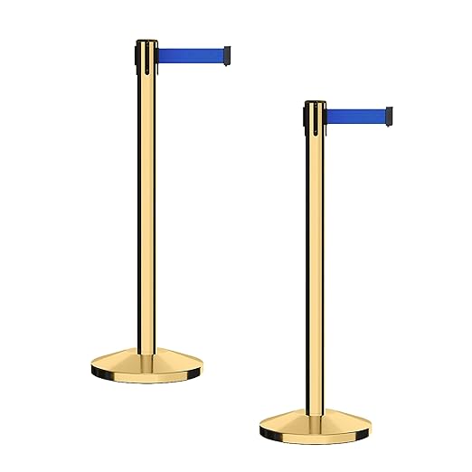 CCW Series RBB-100 - Set of 2 Stanchion Retractable Belt Barriers (9 Foot Belt, Blue Belt with Polished Brass Post)