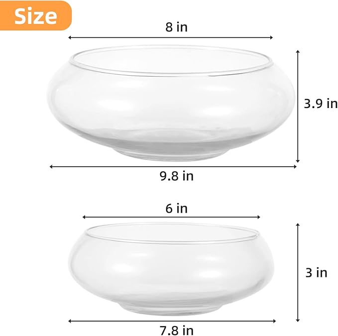 2 PCS Round Glass Vase Bowl, 6"/ 8" Wide Mouth Clear Glass Fish Bowls, Lotus Bowl, Succulent Planters, Hydroponic Planter Floral Decor Centerpieces for Home Decoration (2PCS)