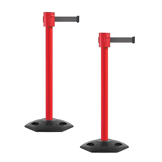 Montour Line MSR760 Set of 2 Retractable Belt Barrier Stanchion, Rubber Base, Red Post (35 ft Dark Grey Belt)