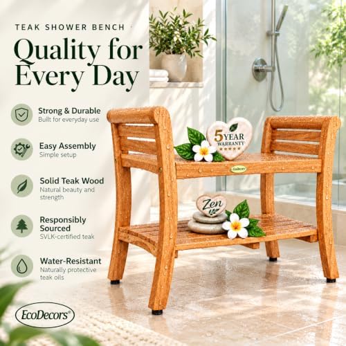 EcoDecors Symmetry 30-Inch Teak Shower Bench, Natural Finish