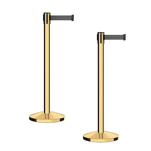 CCW Series RBB-100 - Set of 2 Stanchion Retractable Belt Barriers (11 Foot Belt, Dark Grey Belt with Polished Brass Post)