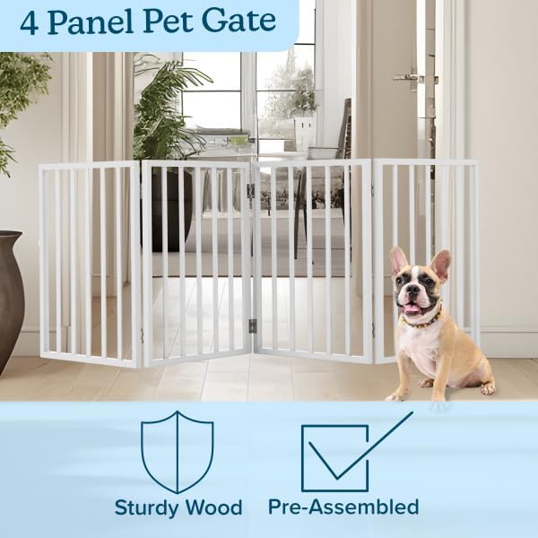 Pet Gate - 4-Panel Indoor Foldable Dog Fence for Stairs, Hallways or Doorways - 72x24-Inch Retractable Wood Freestanding Dog Gates by PETMAKER (White)