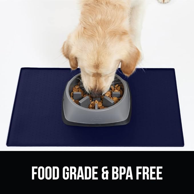 GORILLA GRIP 100% Waterproof Raised Edge BPA Free Silicone Pet Feeding Mat, Dog Cat Food Mats Contain Spills Protects Floors, Placemats for Cats and Dogs Water Bowl, Pets Accessories 18.5x11.5 Navy