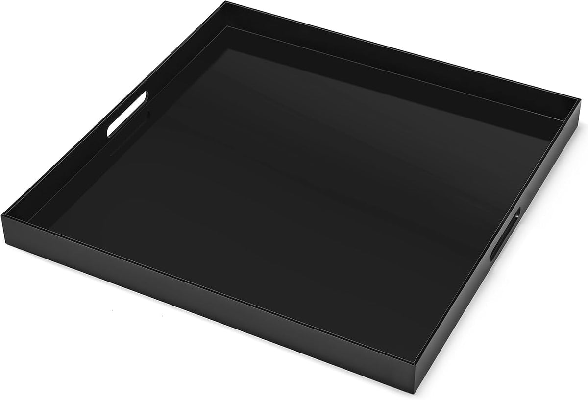 16×16 inches Black Acrylic Serving Tray with Cutout Handles, Sturdy Large Acrylic Tray for Ottoman, Coffee Table, Kitchen and Desk Organizer, Storage Tray (16"x16")